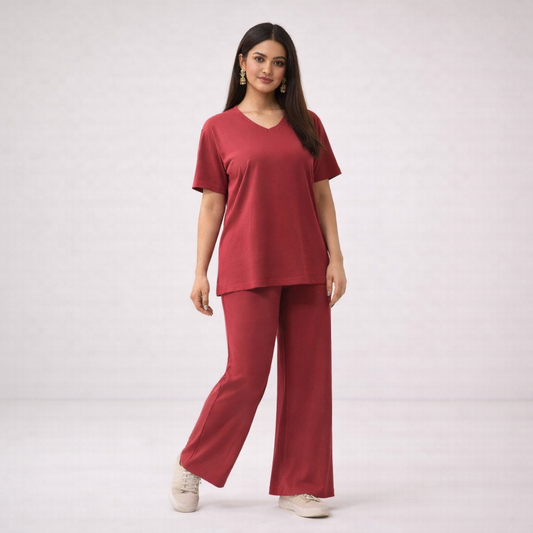 Maroon Relaxed-Fit Co-Ord Set for Women
