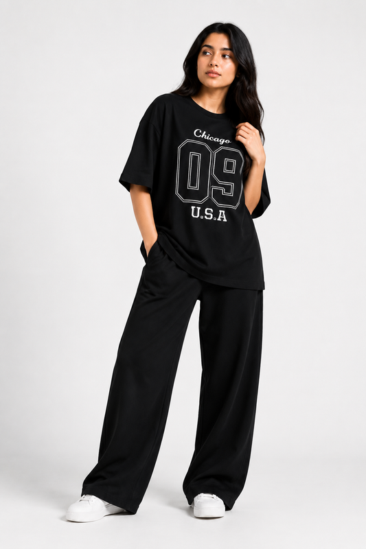 Chicago 09 Oversized T-Shirt & Wide Leg Trouser – Black
