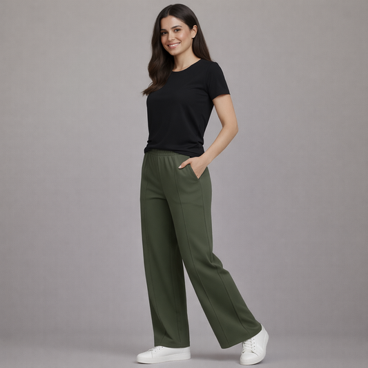 Women’s French Terry Pintuck Trousers – Relaxed Straight Fit- Olive