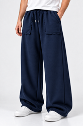 Open Pocket Relaxed Fit Wide Leg Trousers - Blue