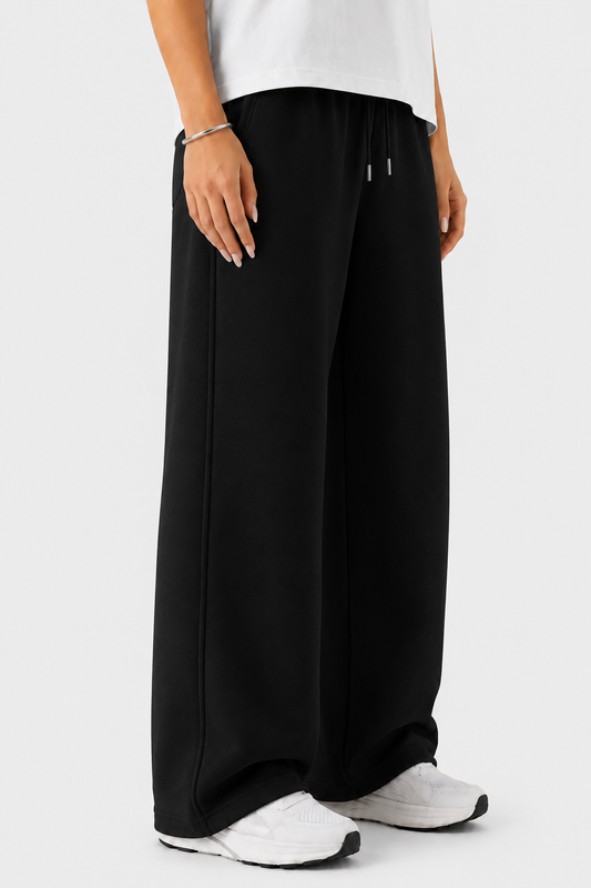 French Terry Wide-Leg Trousers - Black