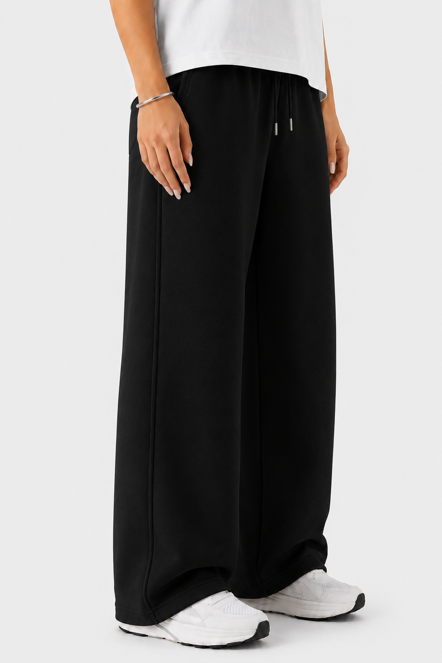 French Terry Wide-Leg Trousers - Black