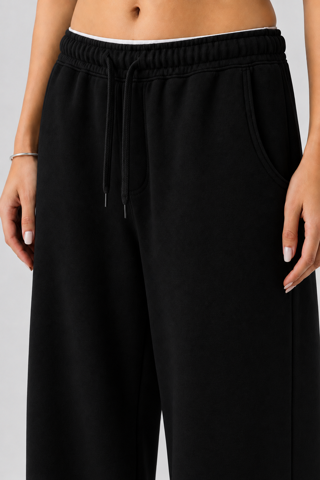 French Terry Wide-Leg Trousers - Black