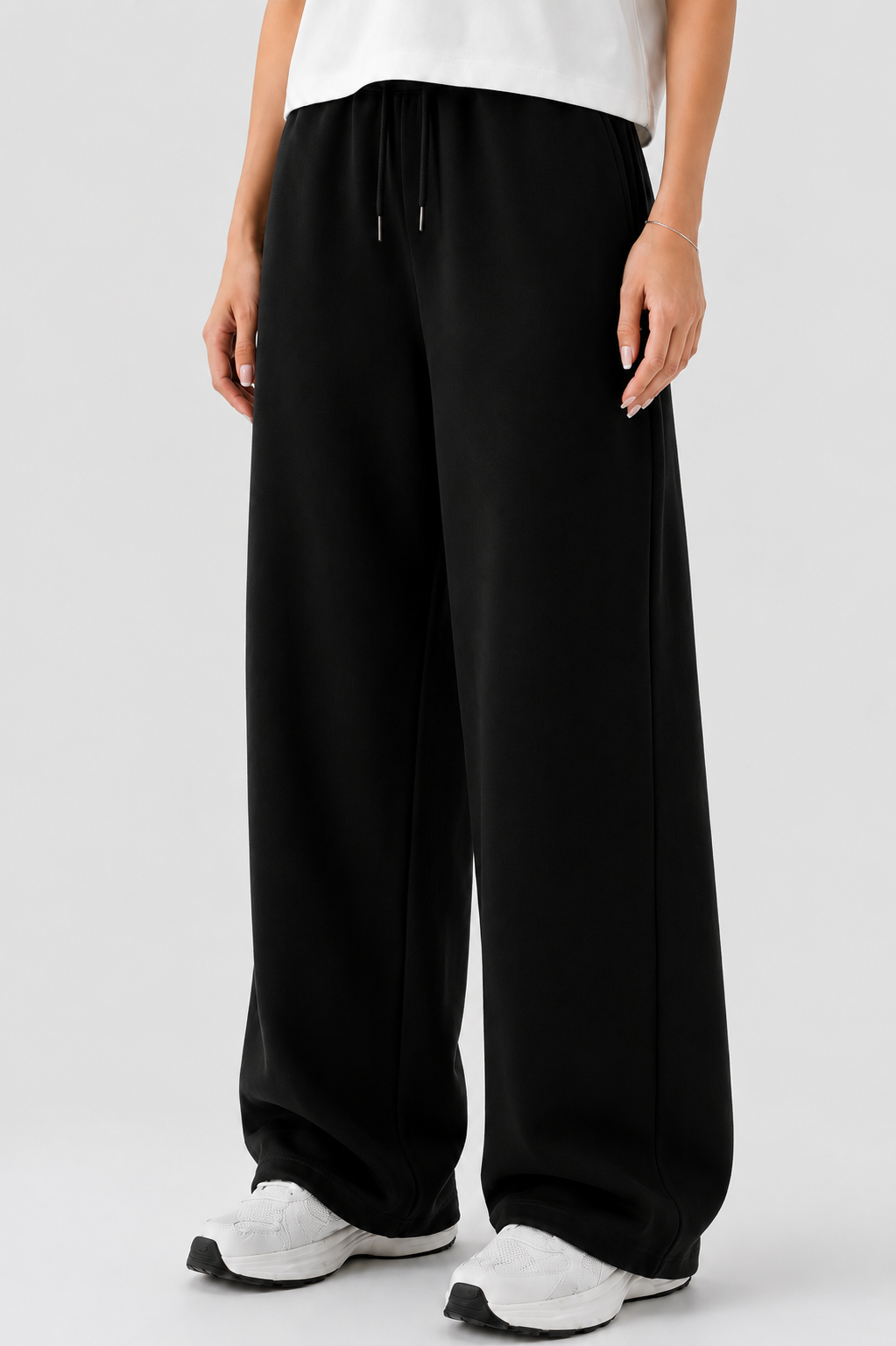 French Terry Wide-Leg Trousers - Black