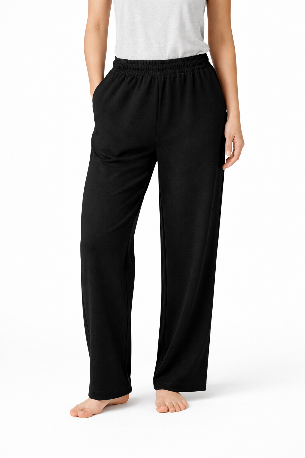 French Terry Wide-Leg Trousers - Black