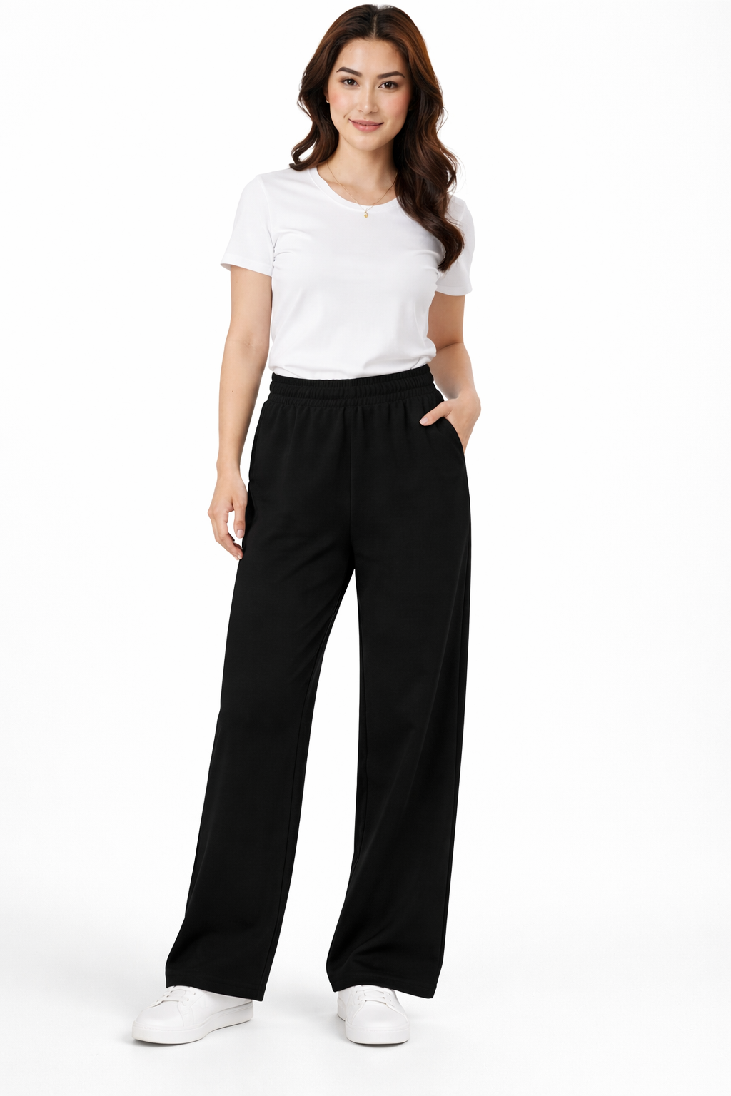 French Terry Wide-Leg Trousers - Black