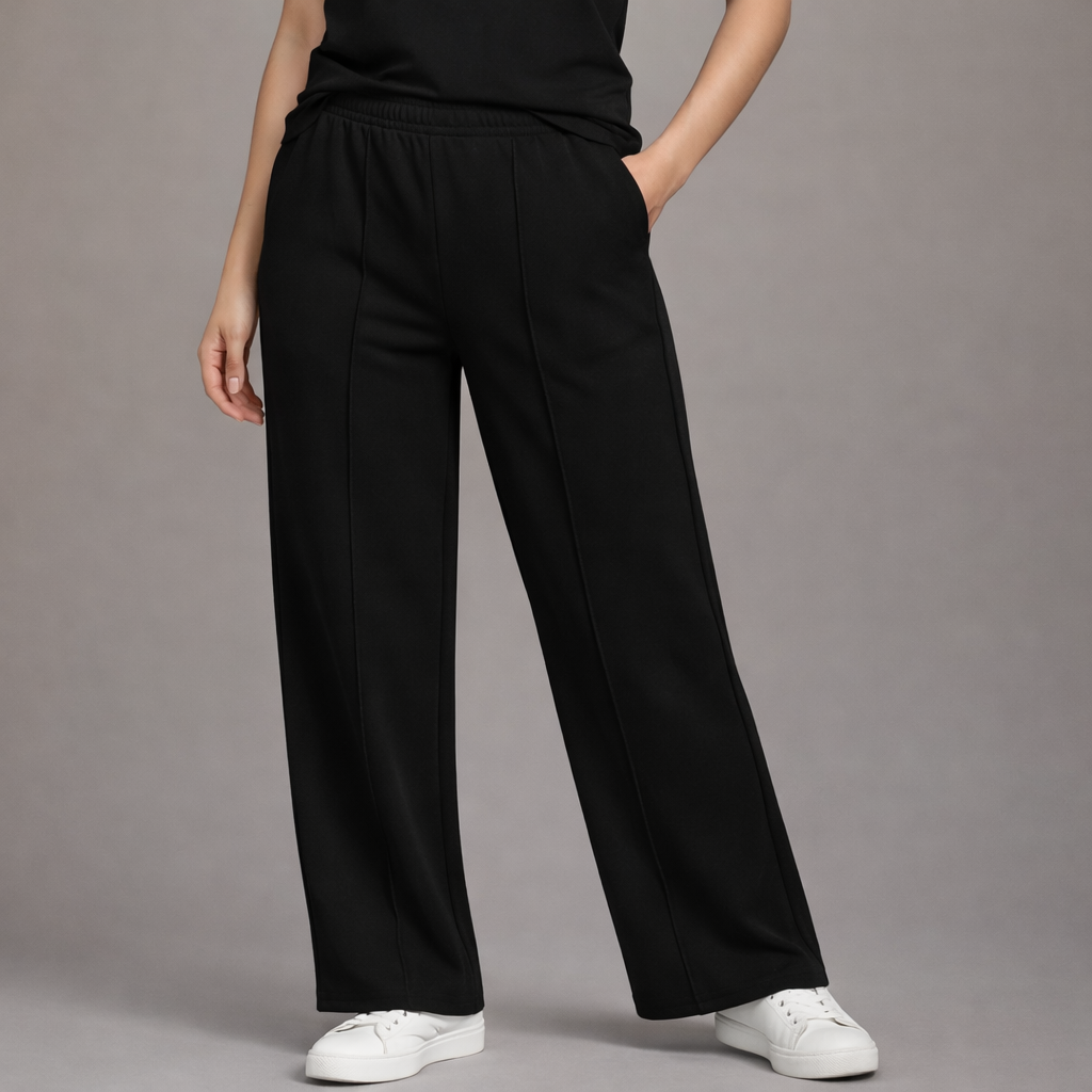 Women’s French Terry Pintuck Trousers – Relaxed Straight Fit - Black