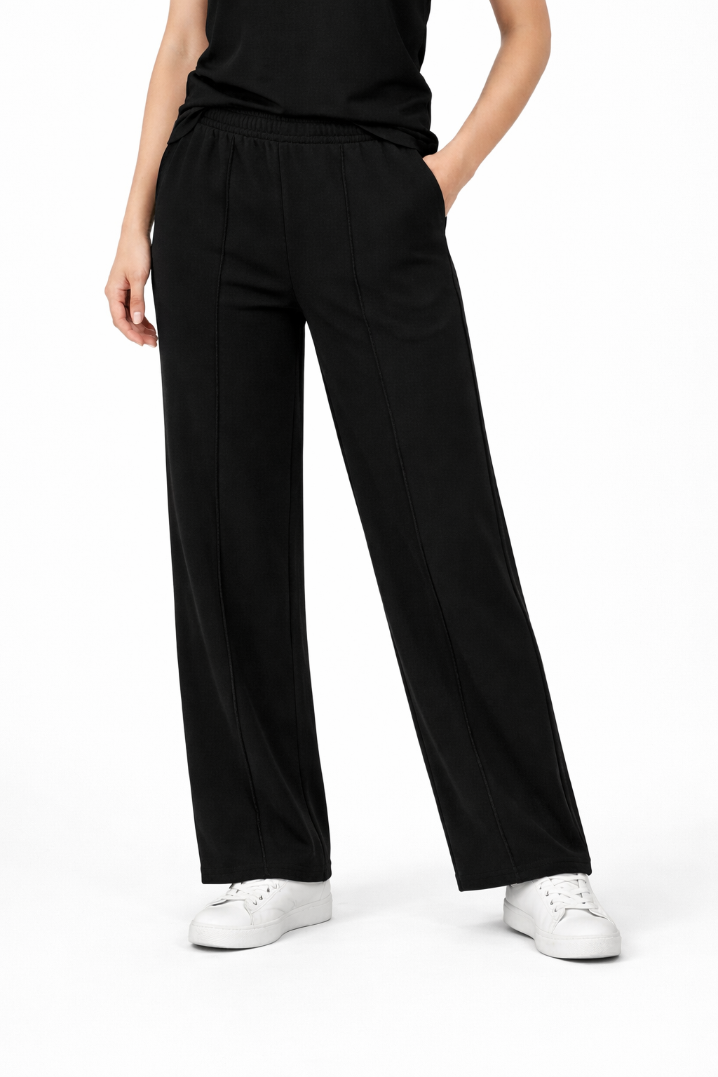 Women’s French Terry Pintuck Trousers – Relaxed Straight Fit - Black