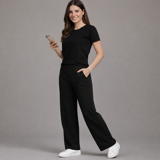 Women’s French Terry Pintuck Trousers – Relaxed Straight Fit - Black