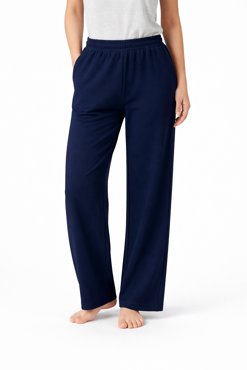 French Terry Wide-Leg Trousers- Navy Blue