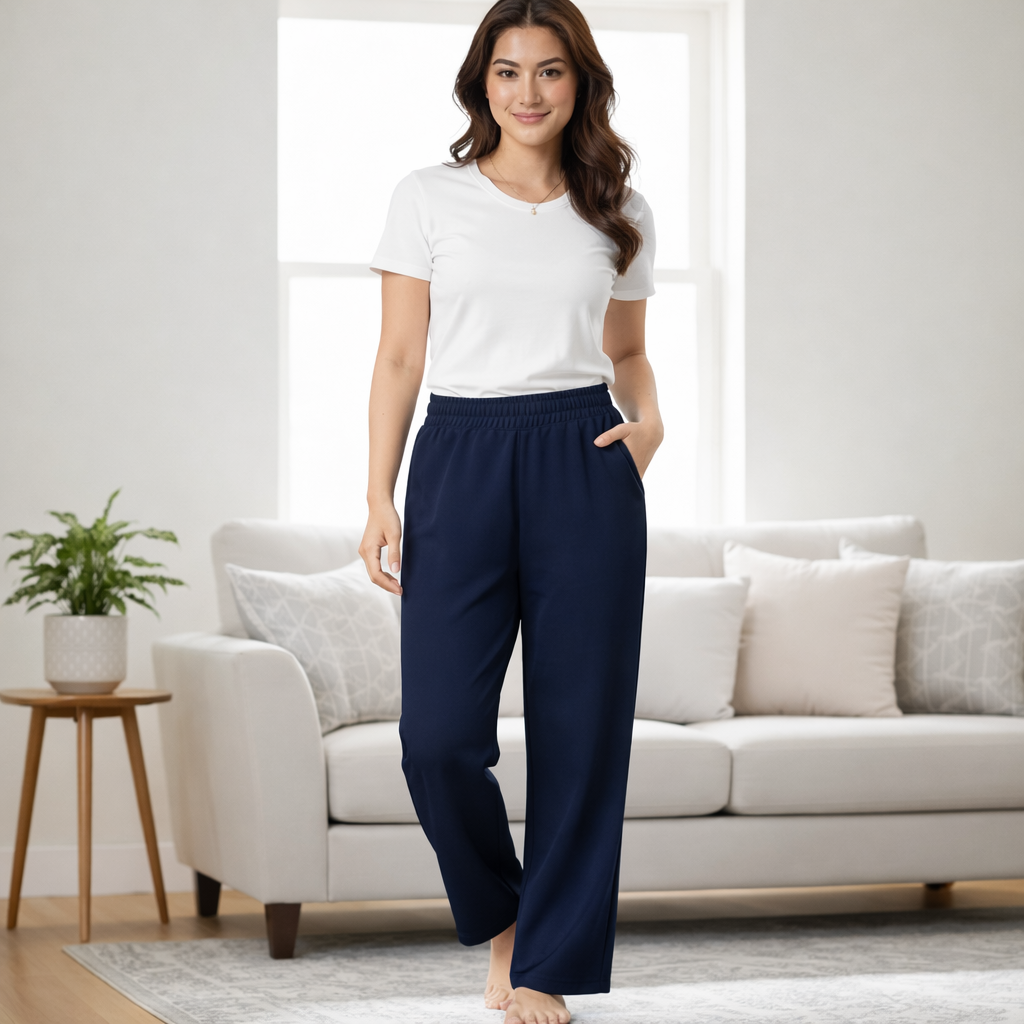 Women’s French Terry Pintuck Trousers – Relaxed Straight Fit- Navy