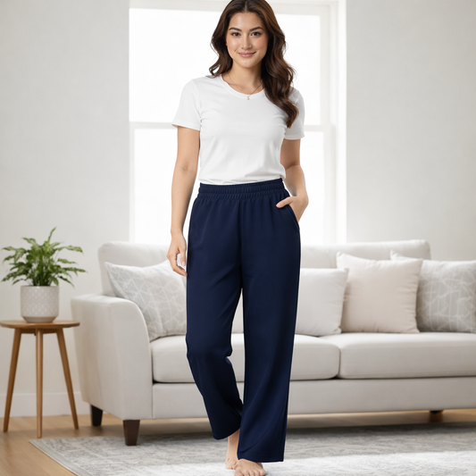 Women’s French Terry Pintuck Trousers – Relaxed Straight Fit- Navy