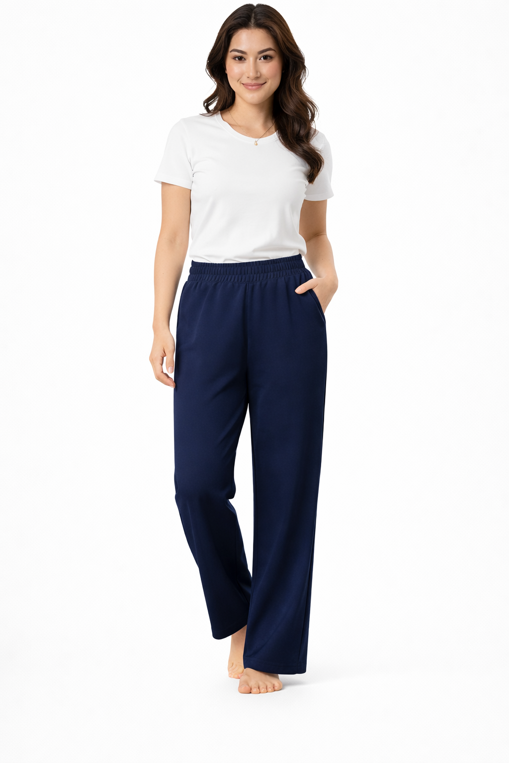 Women’s French Terry Pintuck Trousers – Relaxed Straight Fit- Navy