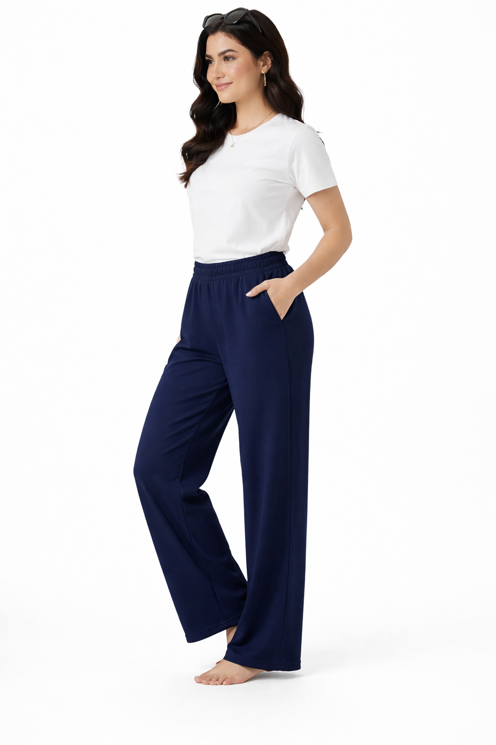Women’s French Terry Pintuck Trousers – Relaxed Straight Fit- Navy