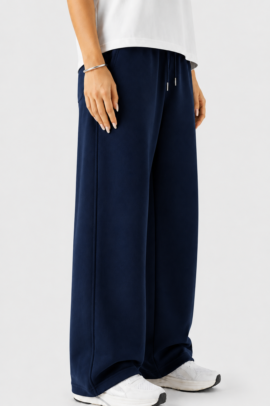French Terry Wide-Leg Trousers- Navy Blue