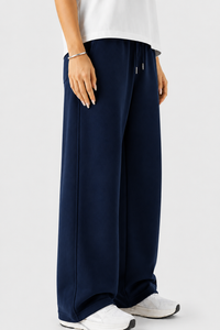 French Terry Wide-Leg Trousers- Navy Blue