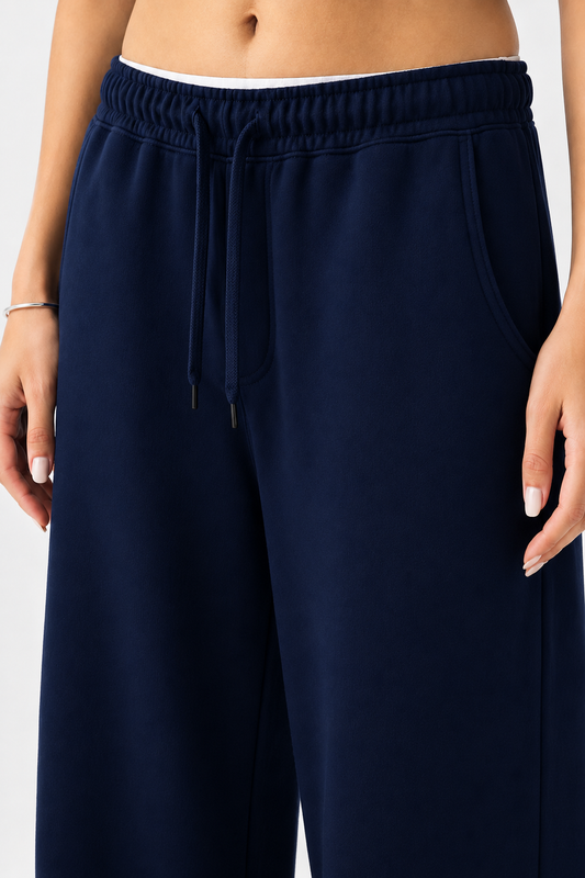 French Terry Wide-Leg Trousers- Navy Blue