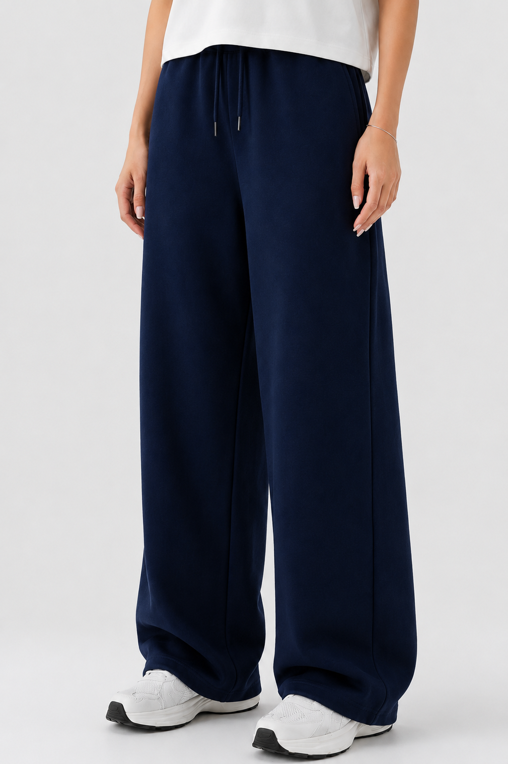 French Terry Wide-Leg Trousers- Navy Blue