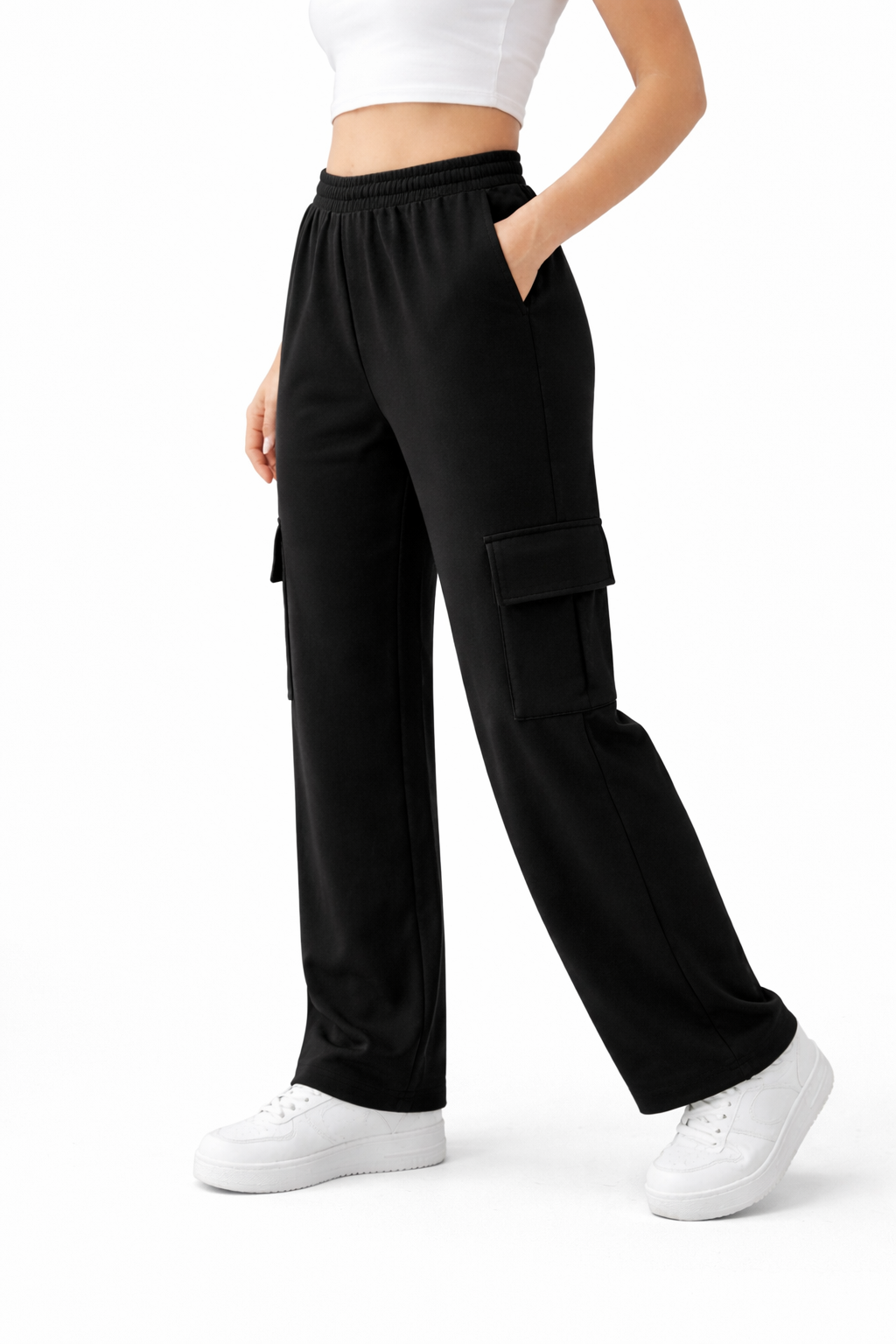 Wide-Leg Cargo Trousers - Black