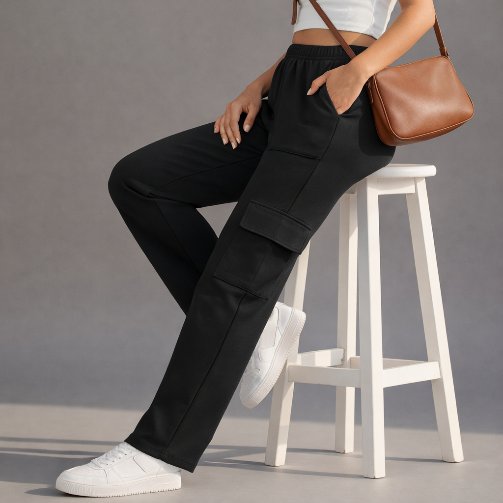 Wide-Leg Cargo Trousers - Black