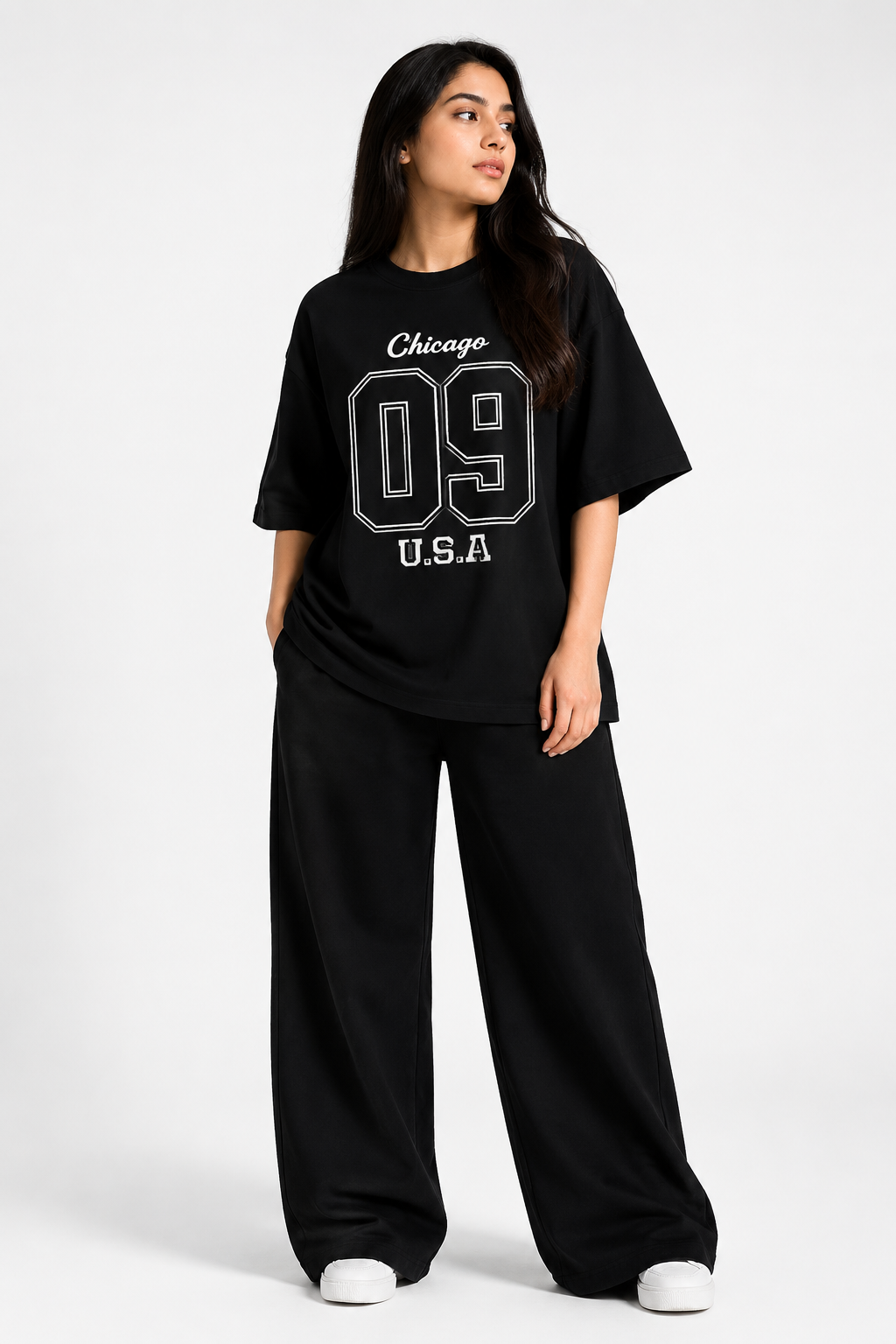 Chicago 09 Oversized T-Shirt & Wide Leg Trouser – Black