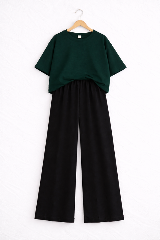 Women’s Oversized T-Shirt & Flapper Combo Set - Bottle Green