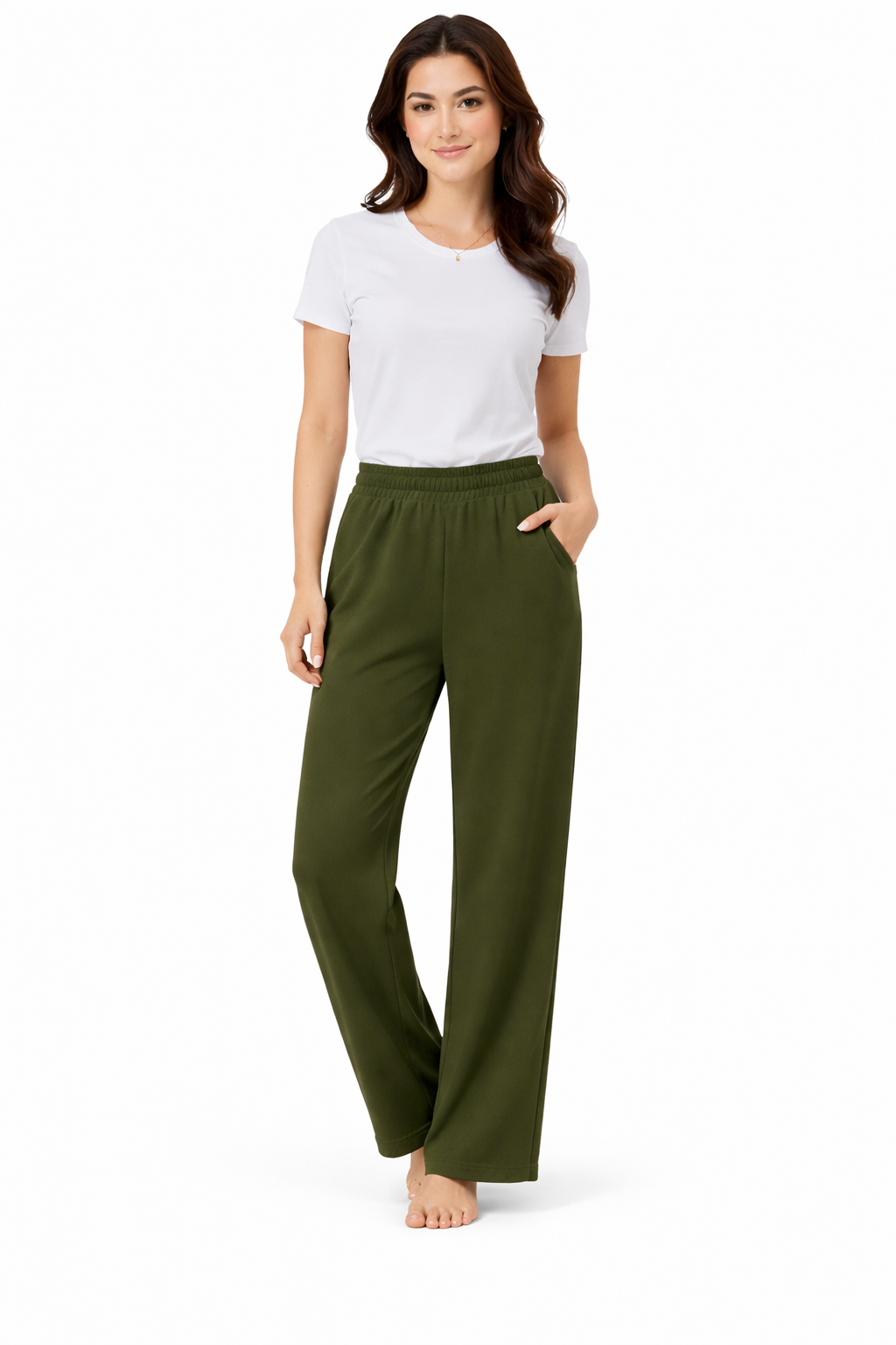 French Terry Wide-Leg Trousers - Olive