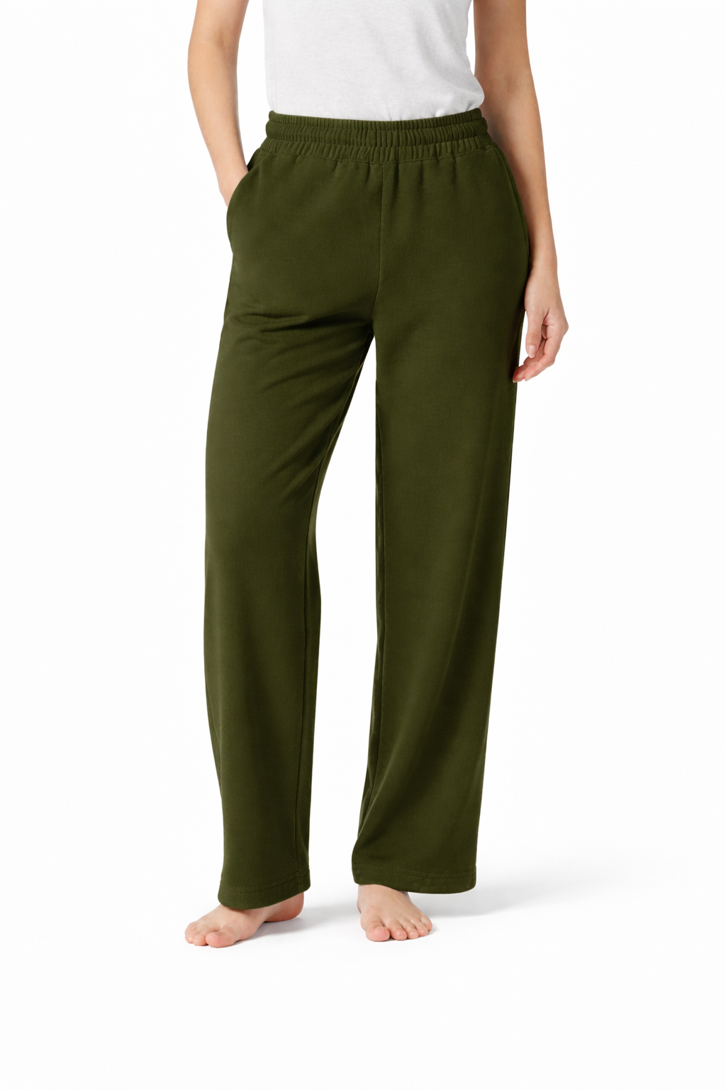 French Terry Wide-Leg Trousers - Olive