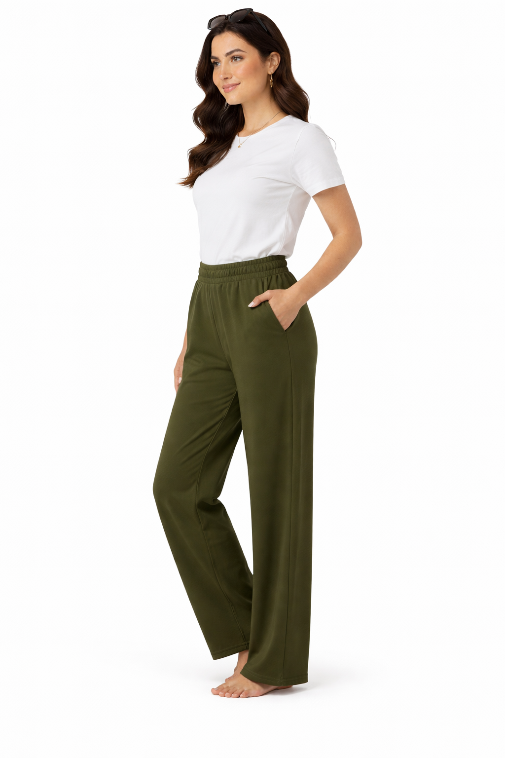 French Terry Wide-Leg Trousers - Olive