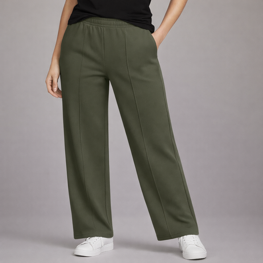 Women’s French Terry Pintuck Trousers – Relaxed Straight Fit- Olive