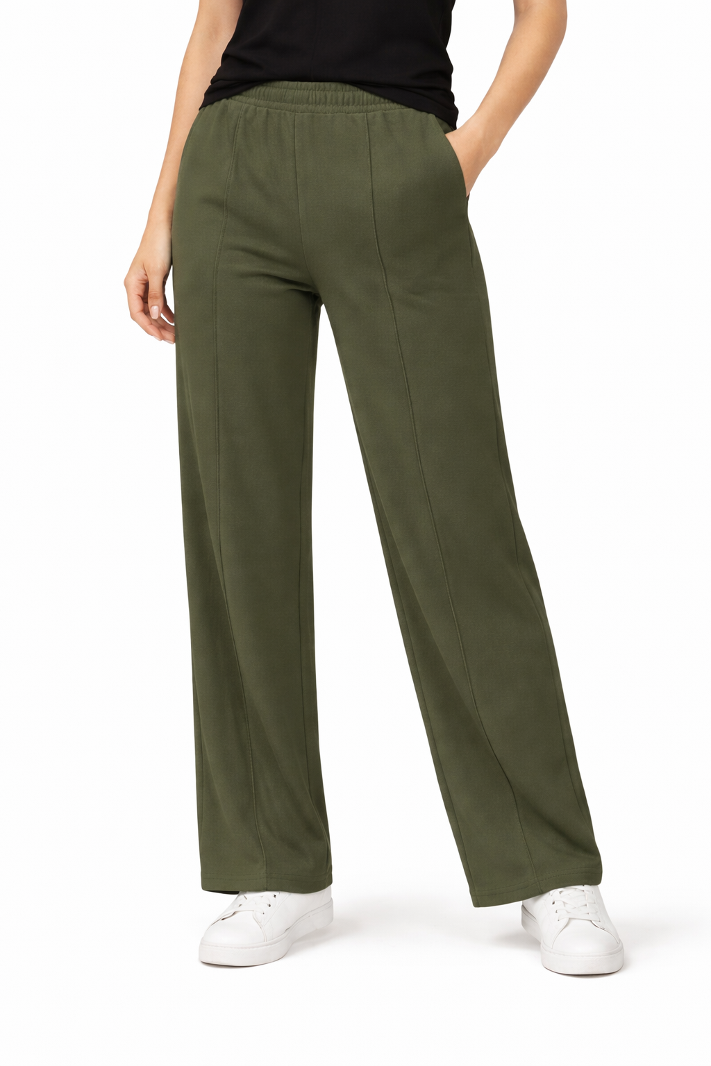 Women’s French Terry Pintuck Trousers – Relaxed Straight Fit- Olive