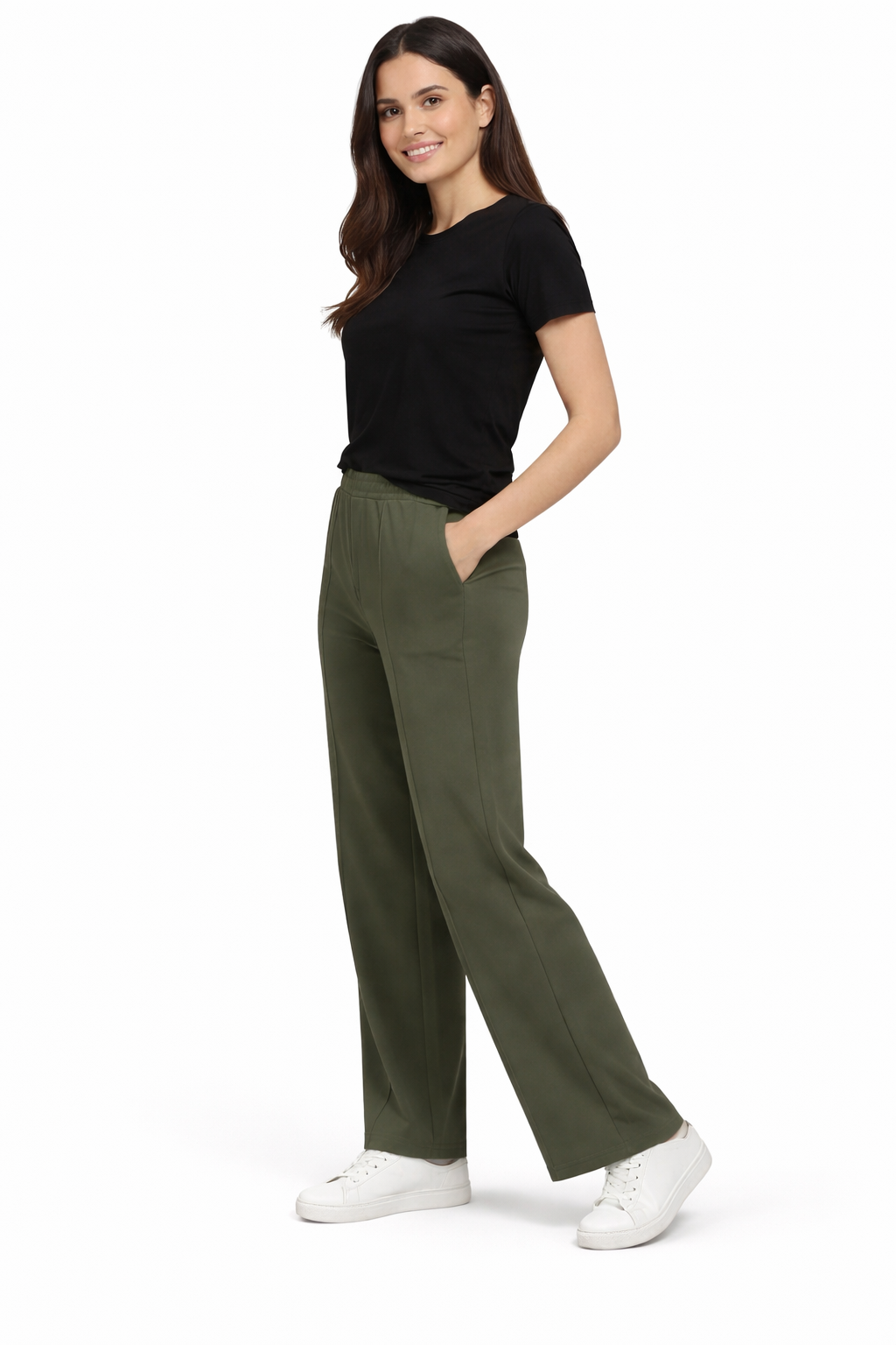 Women’s French Terry Pintuck Trousers – Relaxed Straight Fit- Olive