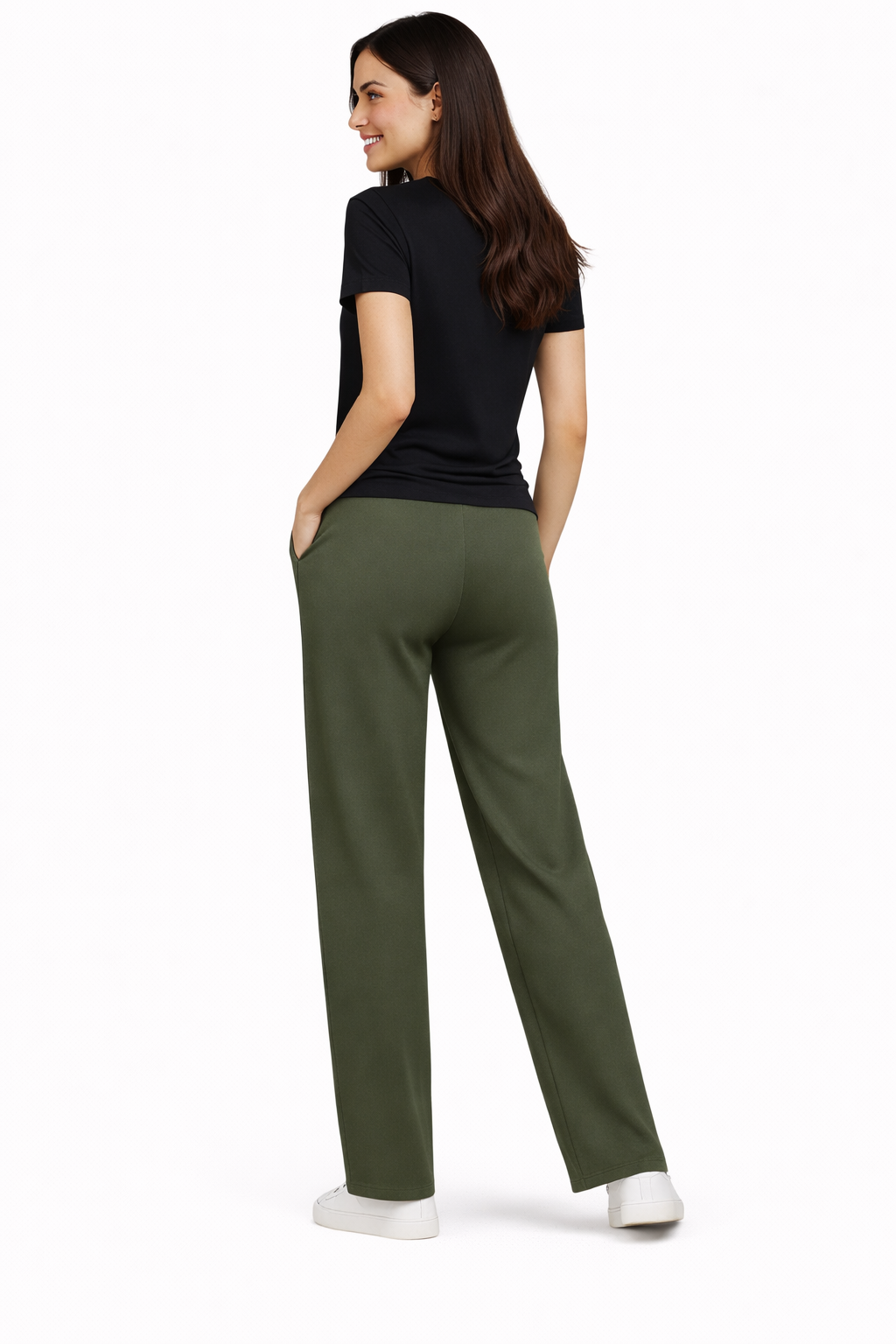 Women’s French Terry Pintuck Trousers – Relaxed Straight Fit- Olive