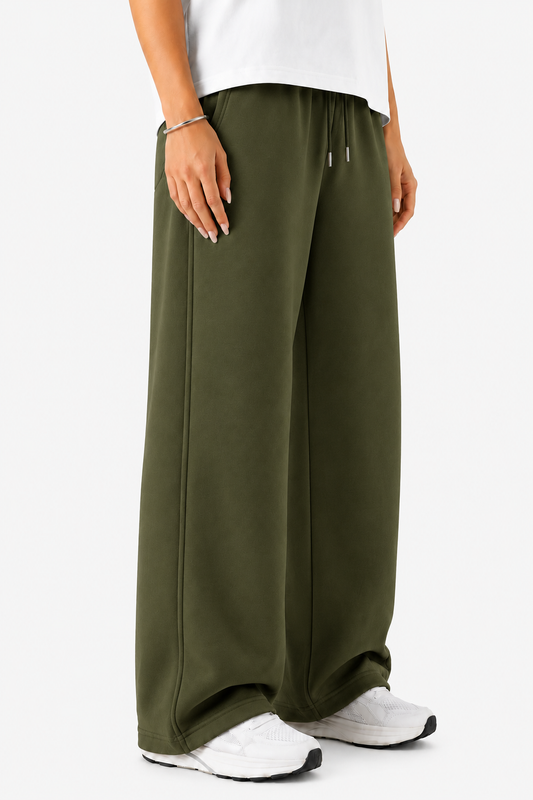 French Terry Wide-Leg Trousers - Olive