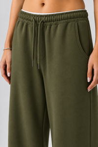 French Terry Wide-Leg Trousers - Olive