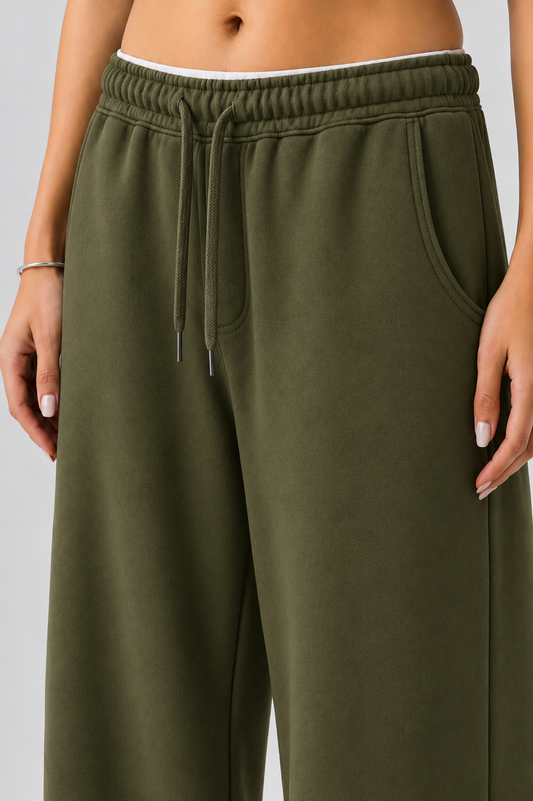 French Terry Wide-Leg Trousers - Olive