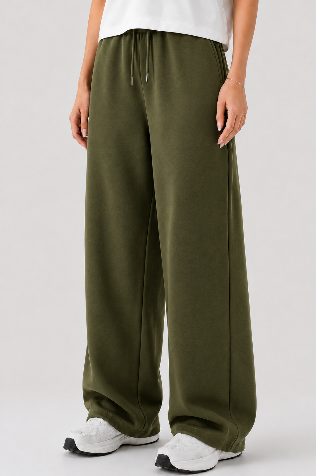 French Terry Wide-Leg Trousers - Olive