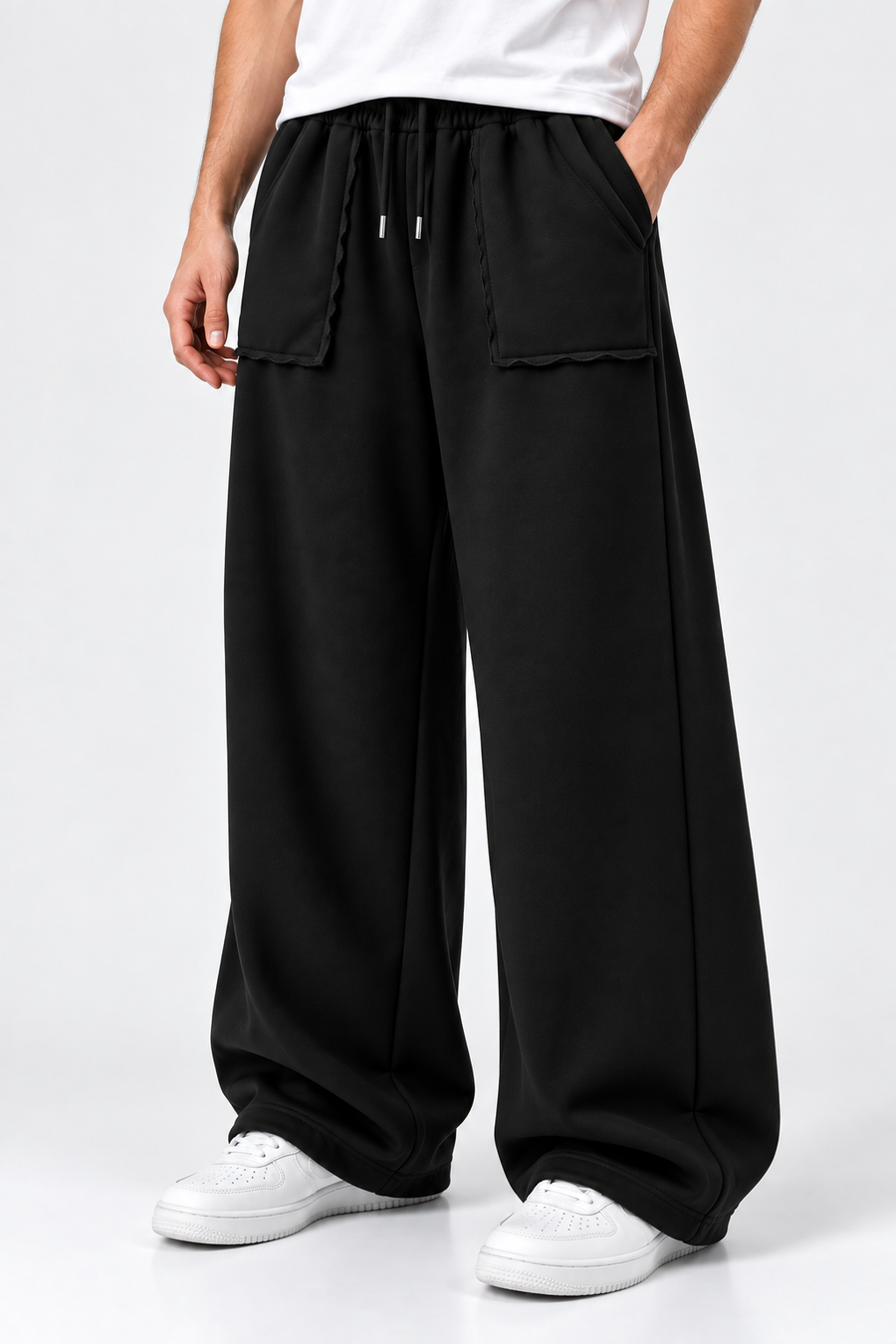 Open Pocket Relaxed Fit Wide Leg Trousers - Black