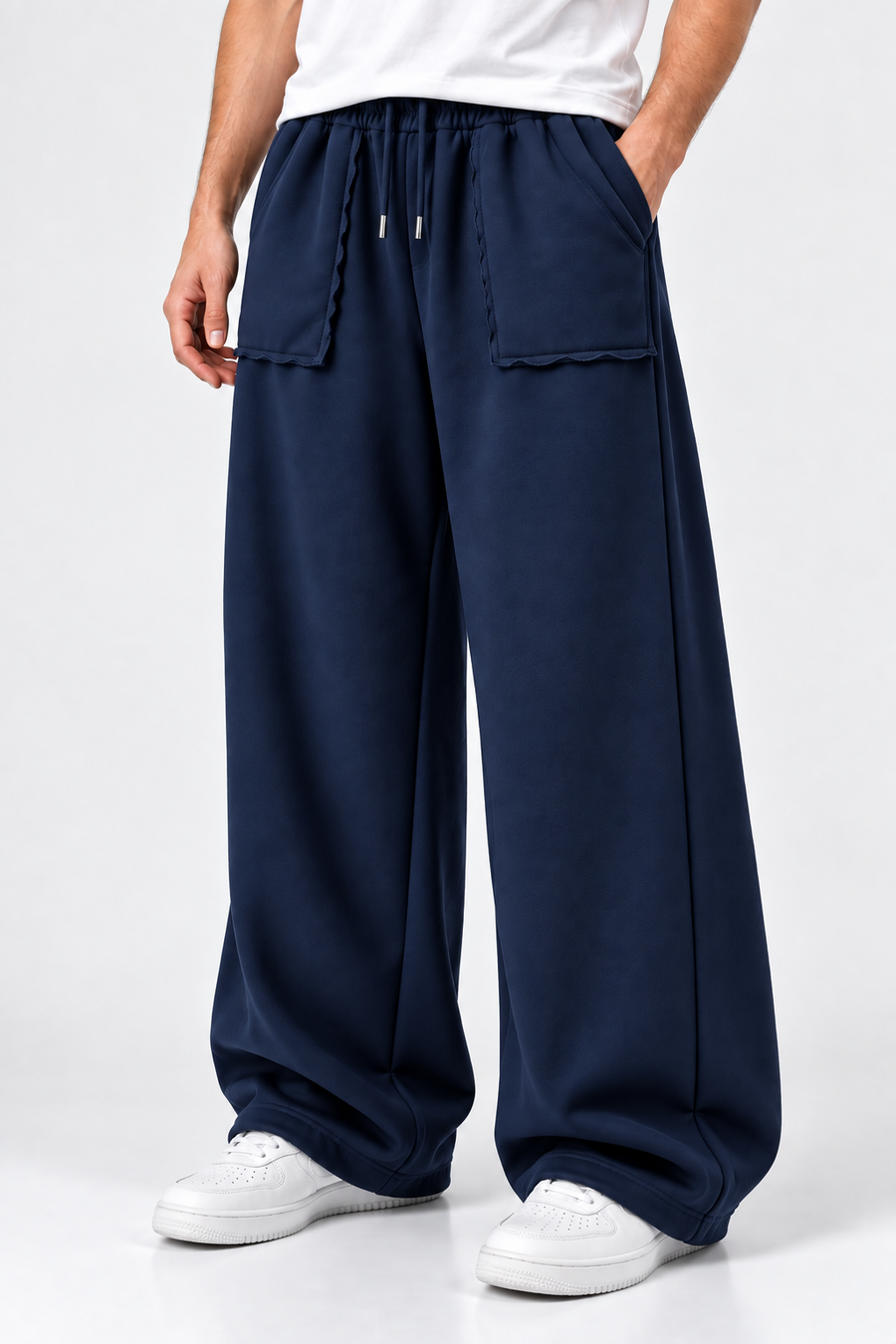 Open Pocket Relaxed Fit Wide Leg Trousers - Blue