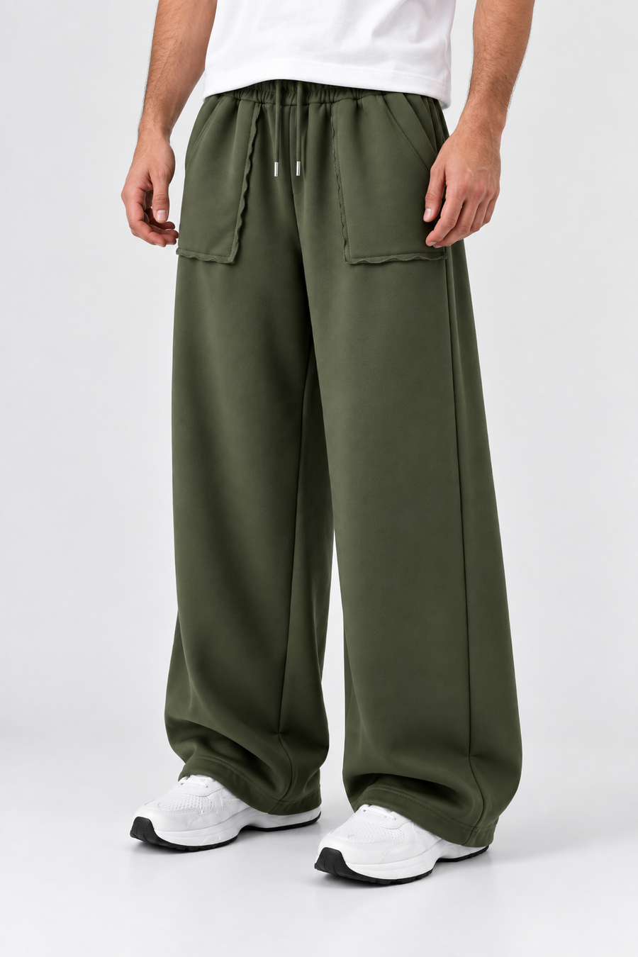 Open Pocket Relaxed Fit Wide Leg Trousers - Green