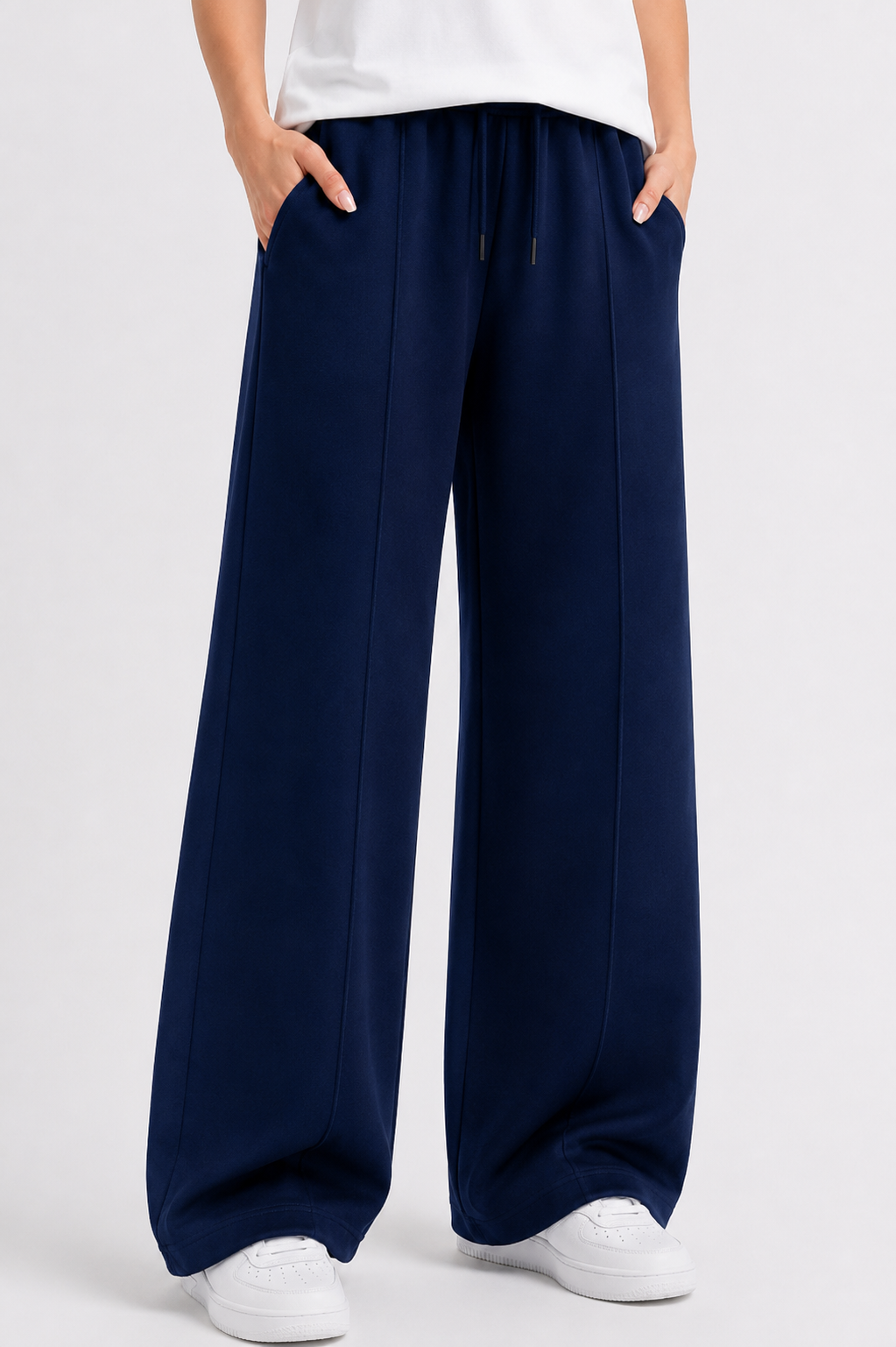 Women’s French Terry Pintuck Trousers – Relaxed Straight Fit- Navy