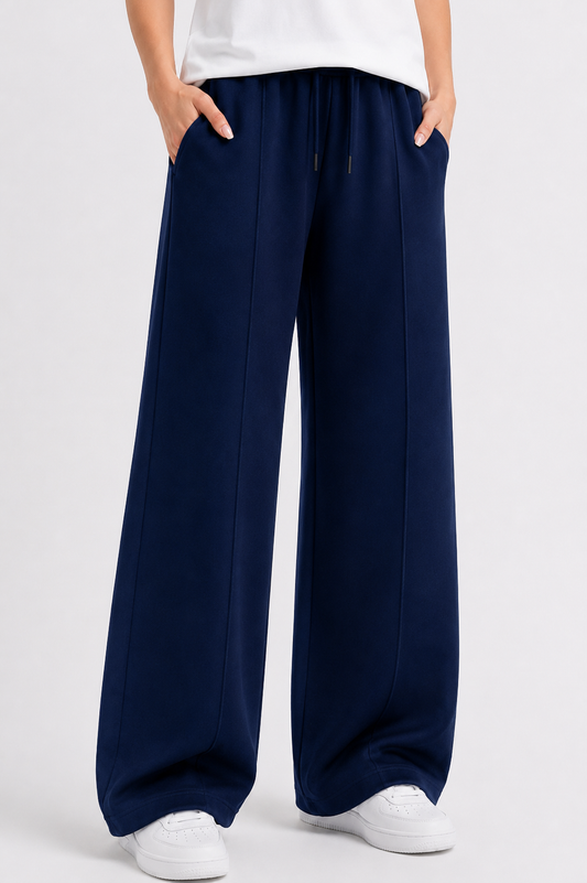 Women’s French Terry Pintuck Trousers – Relaxed Straight Fit- Navy