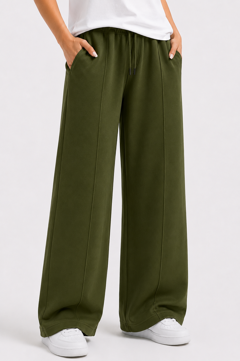 Women’s French Terry Pintuck Trousers – Relaxed Straight Fit- Olive