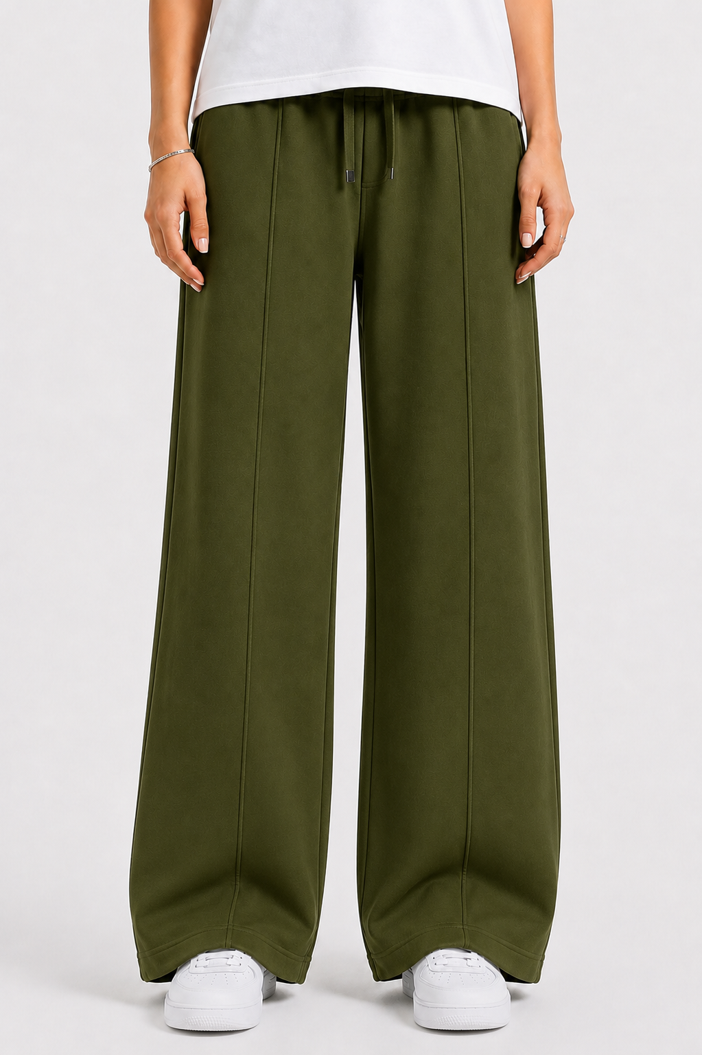 Women’s French Terry Pintuck Trousers – Relaxed Straight Fit- Olive