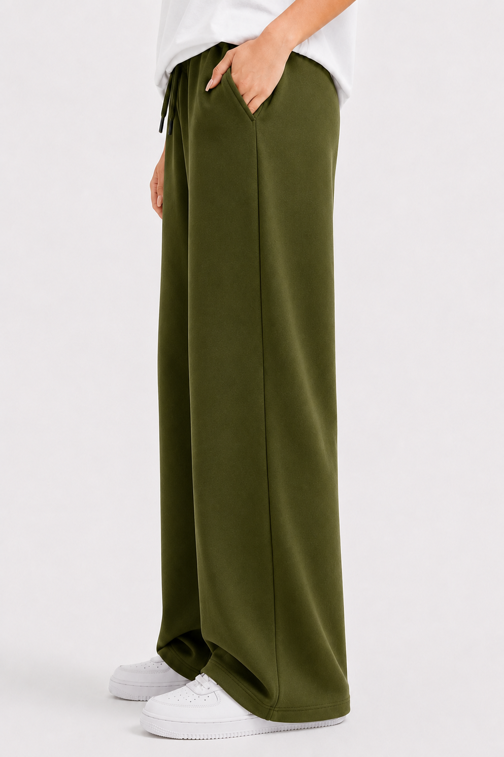 Women’s French Terry Pintuck Trousers – Relaxed Straight Fit- Olive