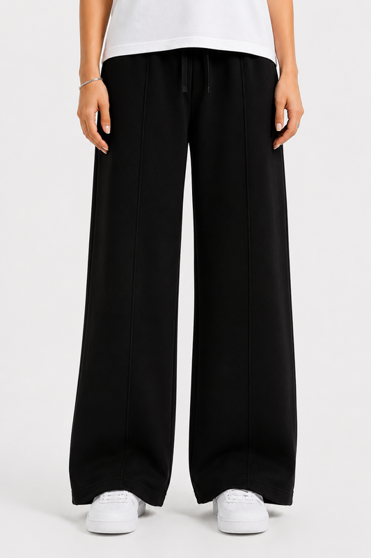Women’s French Terry Pintuck Trousers – Relaxed Straight Fit - Black