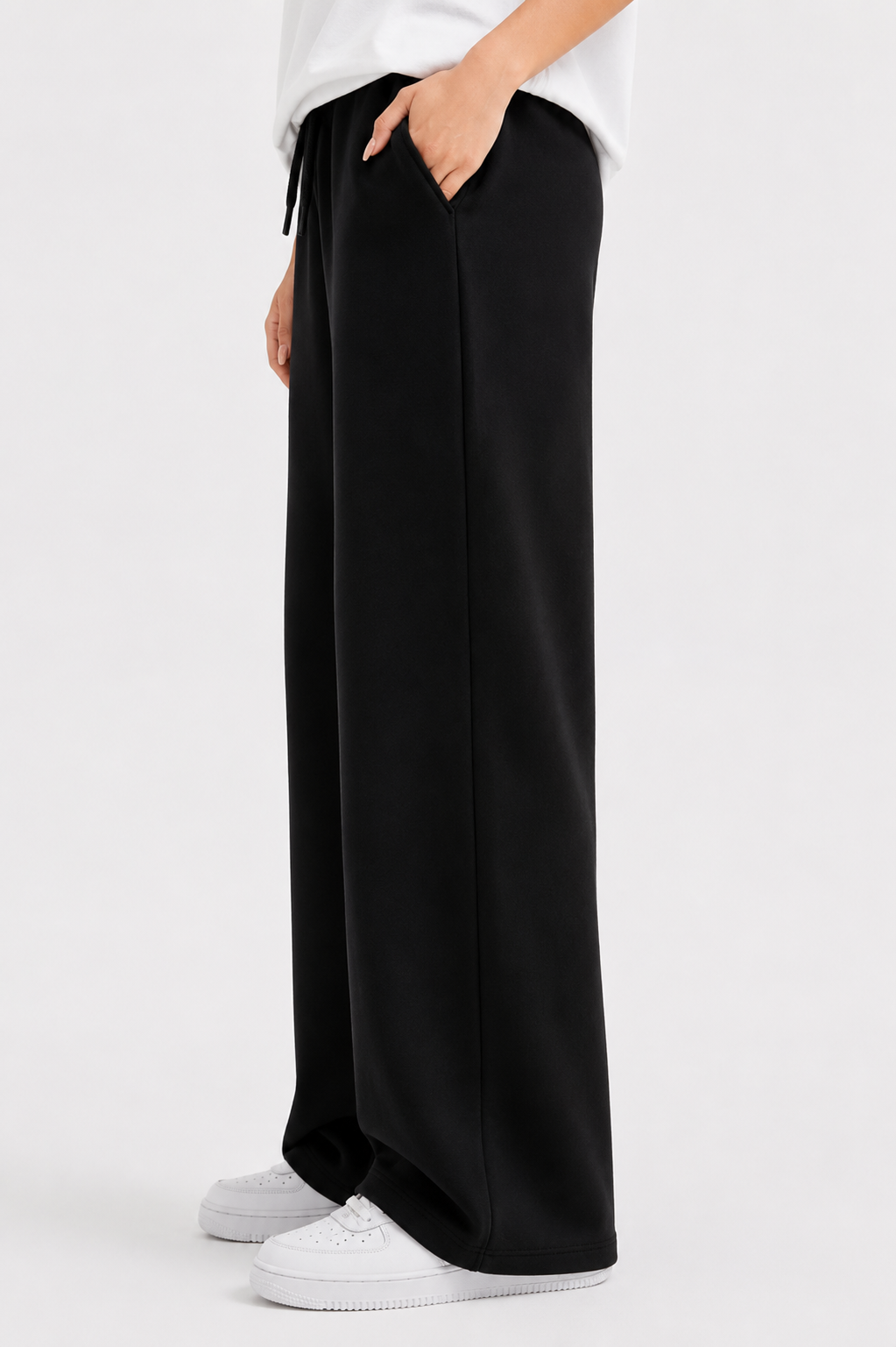 Women’s French Terry Pintuck Trousers – Relaxed Straight Fit - Black
