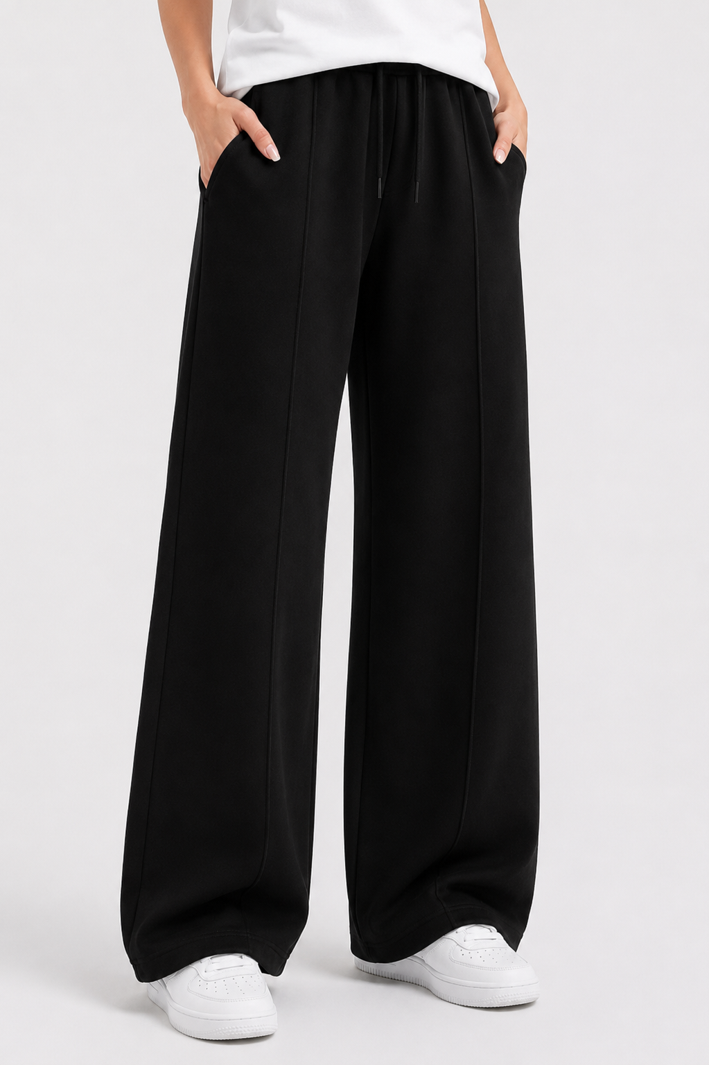 Women’s French Terry Pintuck Trousers – Relaxed Straight Fit - Black
