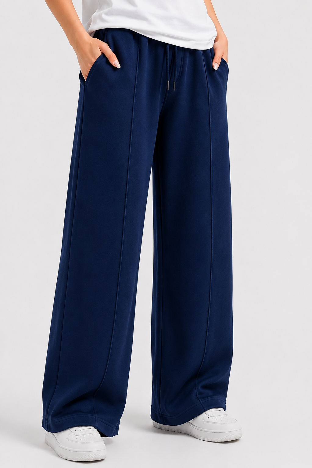 Women’s French Terry Pintuck Trousers – Relaxed Straight Fit- Navy