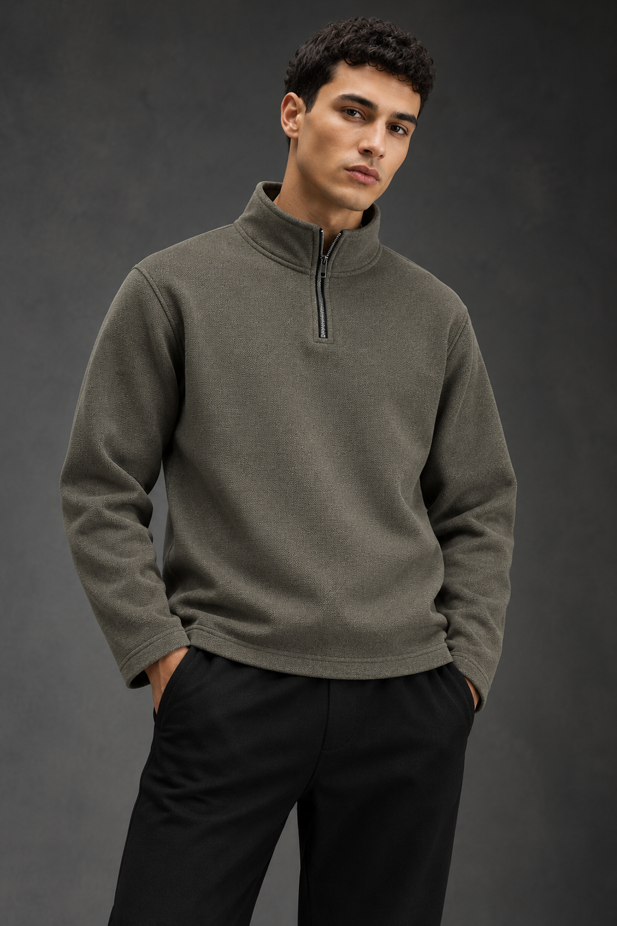 Dusty Olive 350 GSM Fleece Quarter-Zip Sweater